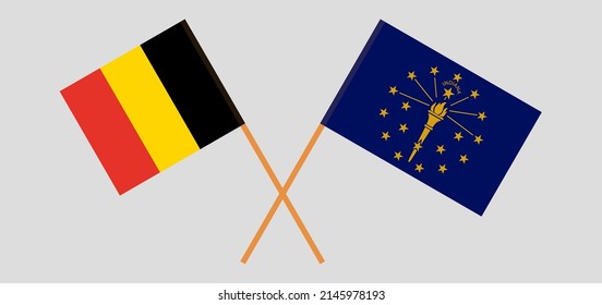 Crossed flags of Belgium and the State of Indiana. Official colors. Correct proportion. Vector illustration
