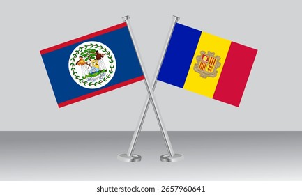 Bandeiras cruzadas de Belize e Andorra. Cores oficiais. Proporção correta. Design de banner