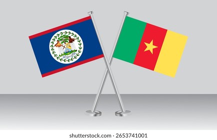 Crossed flags of Belize and Cameroon. Official colors. Correct proportion. Banner design