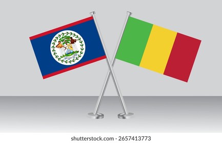 Überkreuzte Flaggen von Belize und Mali. Offizielle Farben. Richtige Proportion. Banner-Design