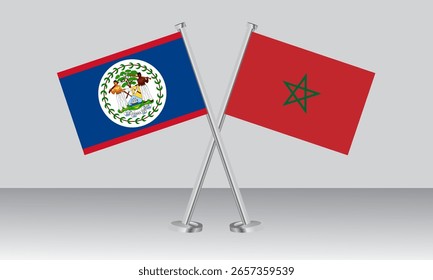 Crossed flags of Belize and Morocco. Official colors. Correct proportion. Banner design
