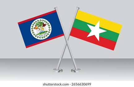 Crossed flags of Belize and Myanmar. Official colors. Correct proportion. Banner design