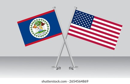 Bandeiras cruzadas de Belize e Estado da América (EUA). Cores oficiais. Proporção correta. Design de banner