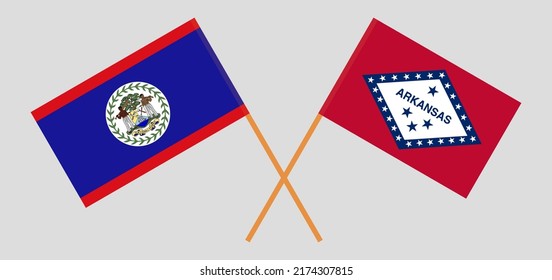 Überquerte Flaggen von Belize und dem Staat Arkansas. Offizielle Farben. Richtiger Anteil. Vektorgrafik