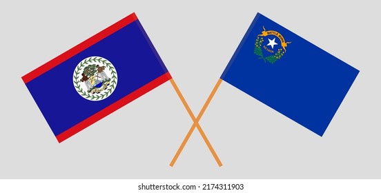 Crossed flags of Belize and The State of Nevada. Official colors. Correct proportion. Vector illustration