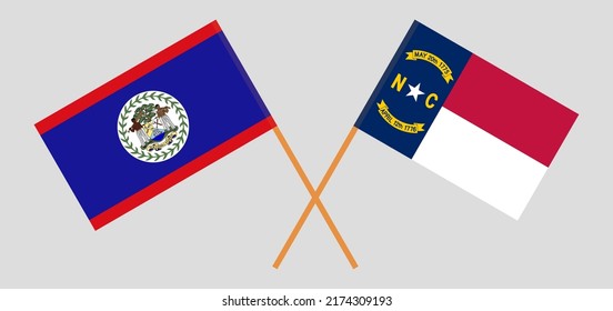 Crossed flags of Belize and The State of North Carolina. Official colors. Correct proportion. Vector illustration
