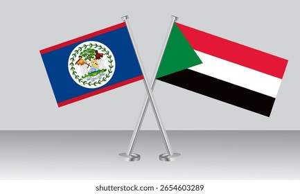 Überquerte Flaggen von Belize und Sudan. Offizielle Farben. Richtige Proportion. Banner-Design