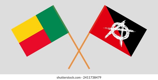 Crossed flags of Benin and anarchy. Official colors. Correct proportion. Vector illustration
