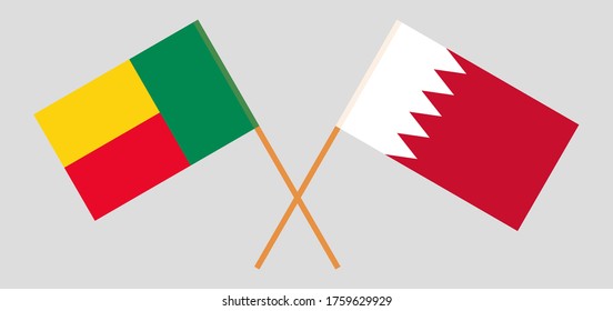 Gekreuzte Flaggen von Benin und Bahrain. Offizielle Farben. Richtiger Anteil. Vektorgrafik
