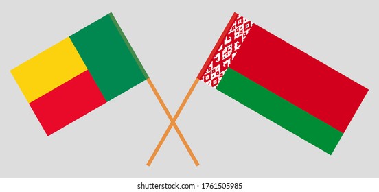 Crossed flags of Benin and Belarus. Official colors. Correct proportion. Vector illustration
