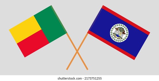 Crossed flags of Benin and Belize. Official colors. Correct proportion. Vector illustration
