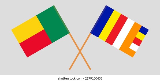 Crossed flags of Benin and Buddhism. Official colors. Correct proportion. Vector illustration
