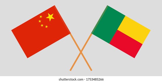 Crossed flags of Benin and China. Official colors. Correct proportion. Vector illustration
