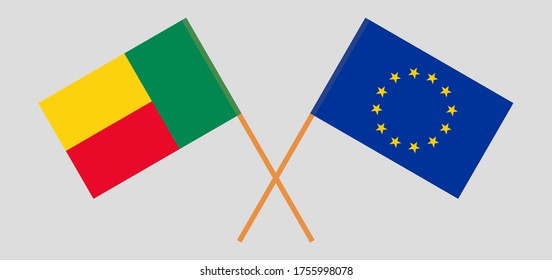 Crossed flags of Benin and the EU. Official colors. Correct proportion. Vector illustration
