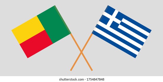 Crossed flags of Benin and Greece. Official colors. Correct proportion. Vector illustration
