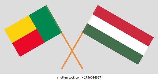 Crossed flags of Benin and Hungary. Official colors. Correct proportion. Vector illustration
