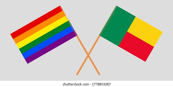 Crossed flags of Benin and LGBT. Six colors. Correct proportion. Vector illustration
