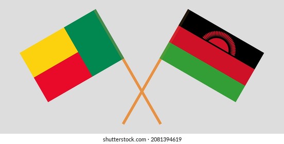 Crossed flags of Benin and Malawi. Official colors. Correct proportion. Vector illustration
