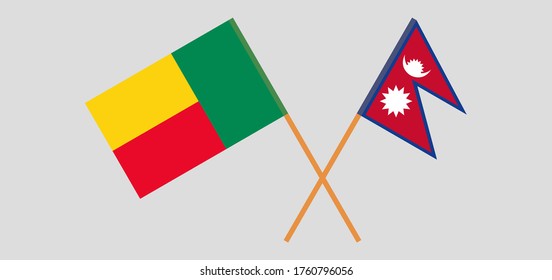Crossed flags of Benin and Nepal. Official colors. Correct proportion. Vector illustration
