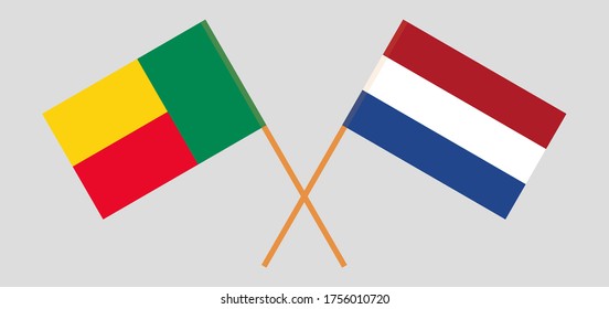 Crossed flags of Benin and the Netherlands. Official colors. Correct proportion. Vector illustration
