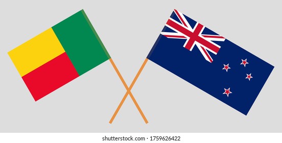 Crossed flags of Benin and New Zealand. Official colors. Correct proportion. Vector illustration
