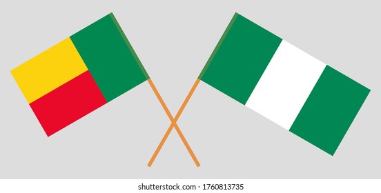 Gekreuzte Flaggen von Benin und Nigeria. Offizielle Farben. Richtiger Anteil. Vektorgrafik
