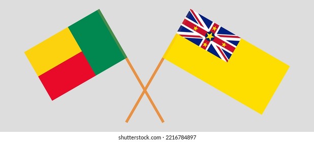 Crossed flags of Benin and Niue. Official colors. Correct proportion. Vector illustration
