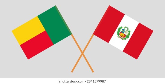 Crossed flags of Benin and Peru. Official colors. Correct proportion. Vector illustration
