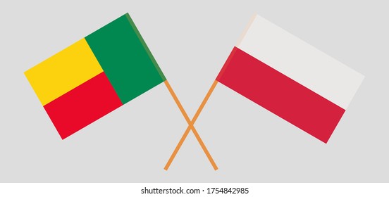 Gekreuzte Flaggen von Benin und Polen. Offizielle Farben. Richtiger Anteil. Vektorgrafik
