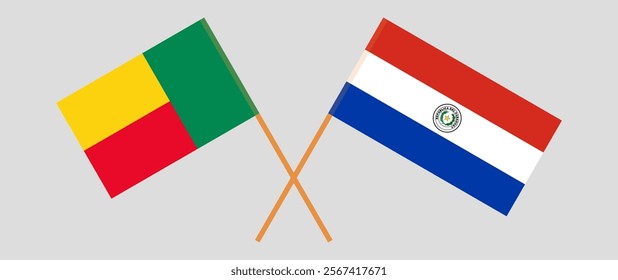 Crossed flags of Benin and Republic of Paraguay. Official colors. Correct proportion. Vector illustration.
