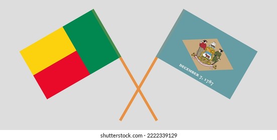 Crossed flags of Benin and The State of Delaware. Official colors. Correct proportion. Vector illustration
