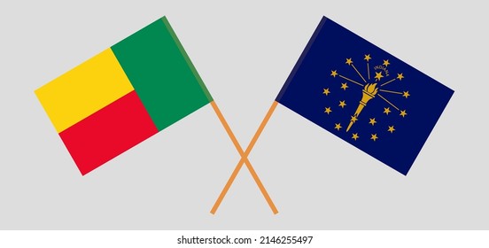 Crossed flags of Benin and the State of Indiana. Official colors. Correct proportion. Vector illustration

