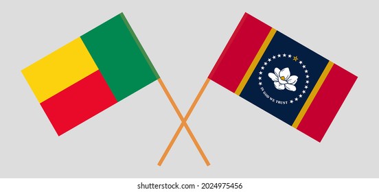 Überquerte Flaggen von Benin und dem Staat Mississippi. Offizielle Farben. Richtiger Anteil