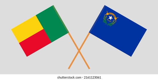Crossed flags of Benin and The State of Nevada. Official colors. Correct proportion. Vector illustration
