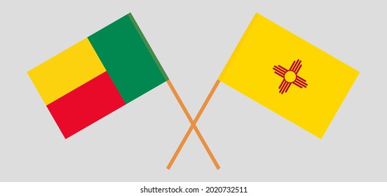 Crossed flags of Benin and the State of New Mexico. Official colors. Correct proportion