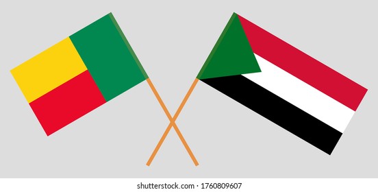 Crossed flags of Benin and Sudan. Official colors. Correct proportion. Vector illustration

