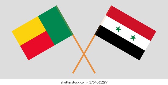 Crossed flags of Benin and Syria. Official colors. Correct proportion. Vector illustration

