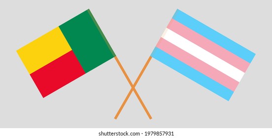 Überkreuzte Flaggen von Benin und Transgender Pride. Offizielle Farben. Richtiger Anteil