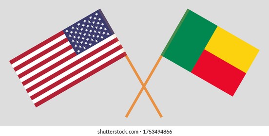 Crossed flags of Benin and the USA. Official colors. Correct proportion. Vector illustration
