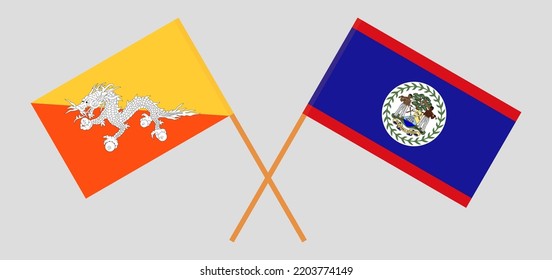 Banderas cruzadas de Bután y Belice. Colores oficiales. Proporción correcta. Ilustración del vector
