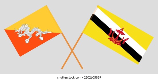 Crossed flags of Bhutan and Brunei. Official colors. Correct proportion. Vector illustration
