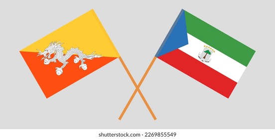 Crossed flags of Bhutan and Equatorial Guinea. Official colors. Correct proportion. Vector illustration