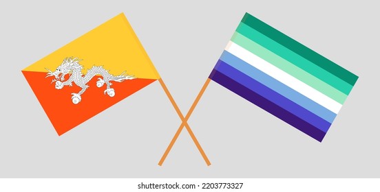 Crossed flags of Bhutan and gay men pride. Official colors. Correct proportion. Vector illustration

