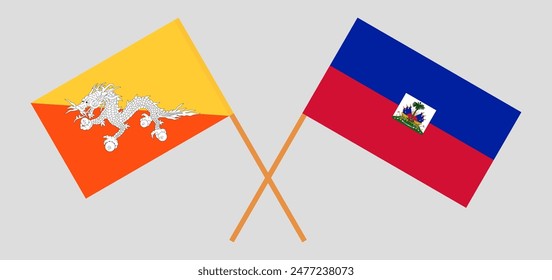 Crossed flags of Bhutan and Haiti. Official colors. Correct proportion. Vector illustration
