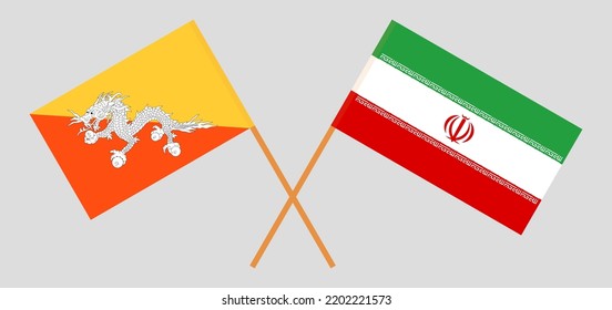 Crossed flags of Bhutan and Iran. Official colors. Correct proportion. Vector illustration
