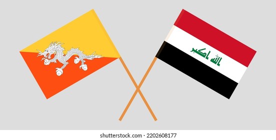 Crossed flags of Bhutan and Iraq. Official colors. Correct proportion. Vector illustration
