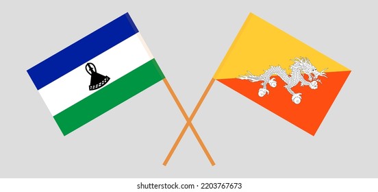 Crossed flags of Bhutan and Lesotho. Official colors. Correct proportion. Vector illustration
