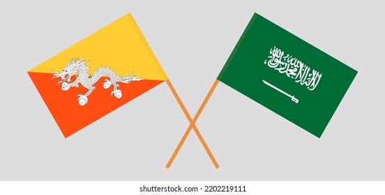 Crossed flags of Bhutan and Saudi Arabia. Official colors. Correct proportion. Vector illustration
