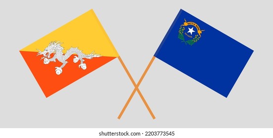 Crossed flags of Bhutan and The State of Nevada. Official colors. Correct proportion. Vector illustration
