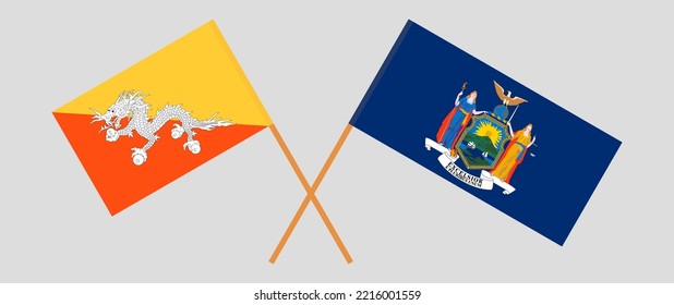 Banderas cruzadas de Bután y el Estado de Nueva York. Colores oficiales. Proporción correcta. Ilustración del vector
